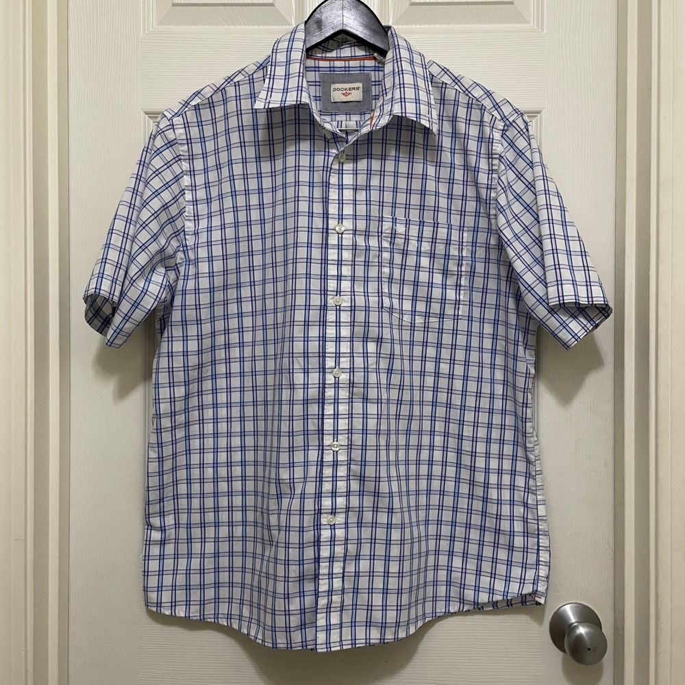 Dockers Short Sleeve Plaid Button Up Shirt White Blue Pink Cotton Blend‎ Large